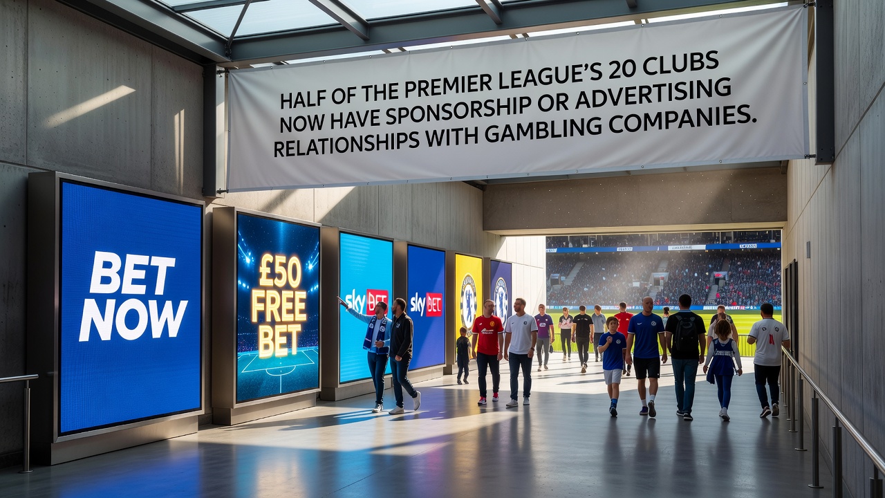Close-up of Premier League matchday advertising boards showing gambling logos